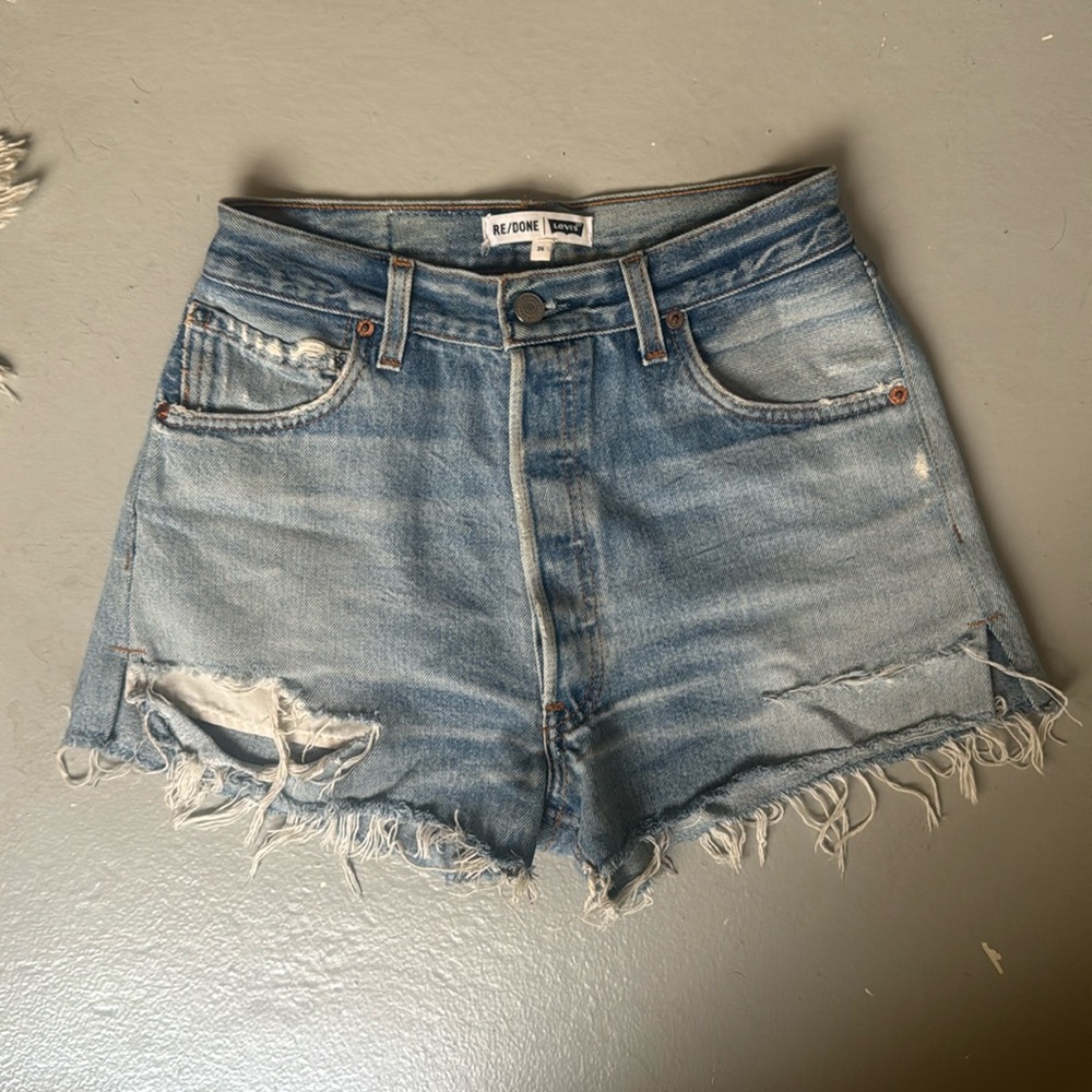 RE/DONE Blue Denim Cut Off Levis High Rise Waist Frayed Shorts 25
